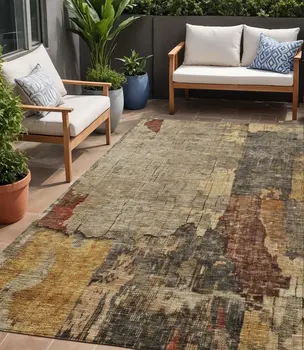 5' X 8' Khaki Charcoal And Terra Cotta Abstract Washable Indoor Outdoor Area Rug