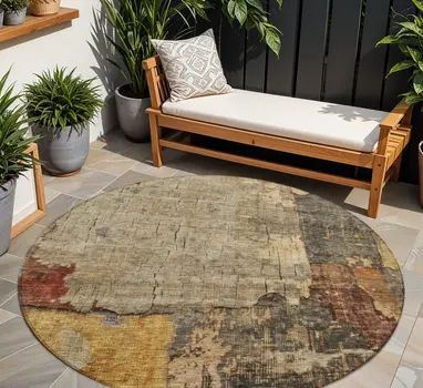 8' Khaki Charcoal And Terra Cotta Round Abstract Washable Indoor Outdoor Area Rug