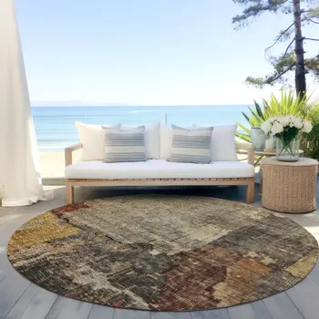 8' Khaki Charcoal And Terra Cotta Round Abstract Washable Indoor Outdoor Area Rug
