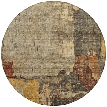 8' Khaki Charcoal And Terra Cotta Round Abstract Washable Indoor Outdoor Area Rug