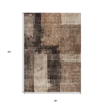 3' X 5' Brown Black And Tan Abstract Washable Indoor Outdoor Area Rug