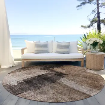 8' Brown Black And Tan Round Abstract Washable Indoor Outdoor Area Rug
