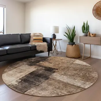8' Brown Black And Tan Round Abstract Washable Indoor Outdoor Area Rug
