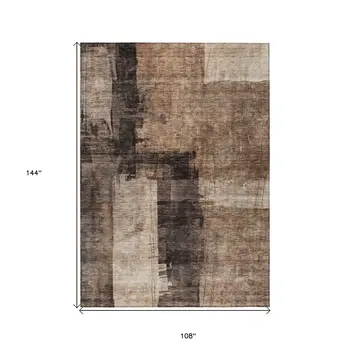 9' X 12' Brown Black And Tan Abstract Washable Indoor Outdoor Area Rug