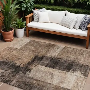 9' X 12' Brown Black And Tan Abstract Washable Indoor Outdoor Area Rug