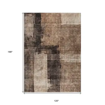 10' X 14' Brown Black And Tan Abstract Washable Indoor Outdoor Area Rug