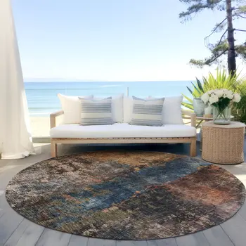 8' Blue Copper And Brown Round Abstract Washable Indoor Outdoor Area Rug