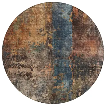 8' Blue Copper And Brown Round Abstract Washable Indoor Outdoor Area Rug
