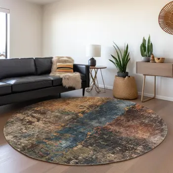 8' Blue Copper And Brown Round Abstract Washable Indoor Outdoor Area Rug
