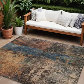 9' X 12' Blue Copper And Brown Abstract Washable Indoor Outdoor Area Rug