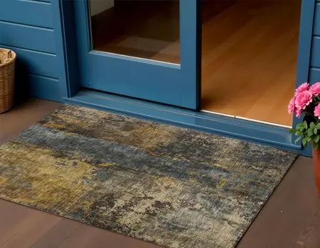 3' X 5' Gray Brown And Gold Abstract Washable Indoor Outdoor Area Rug
