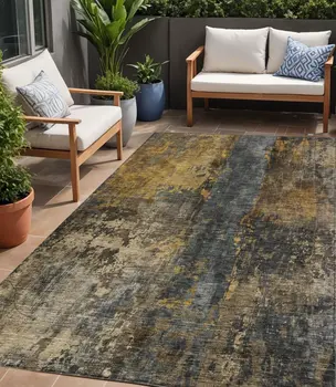 5' X 8' Gray Brown And Gold Abstract Washable Indoor Outdoor Area Rug
