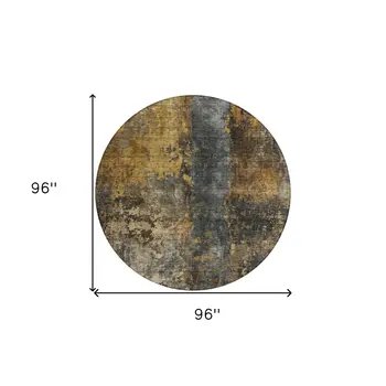 8' Gray Brown And Gold Round Abstract Washable Indoor Outdoor Area Rug