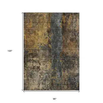 8' X 10' Gray Brown And Gold Abstract Washable Indoor Outdoor Area Rug