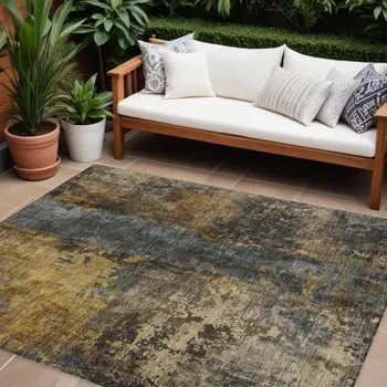 8' X 10' Gray Brown And Gold Abstract Washable Indoor Outdoor Area Rug