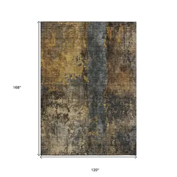 10' X 14' Gray Brown And Gold Abstract Washable Indoor Outdoor Area Rug