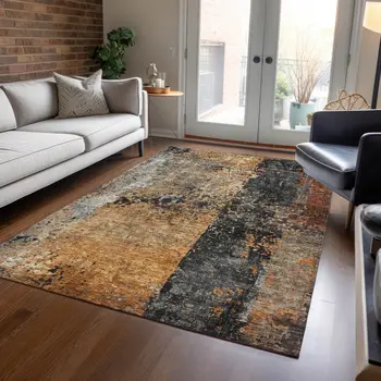 3' X 5' Copper And Black Abstract Washable Indoor Outdoor Area Rug