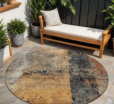 8' Copper And Black Round Abstract Washable Indoor Outdoor Area Rug