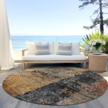8' Copper And Black Round Abstract Washable Indoor Outdoor Area Rug