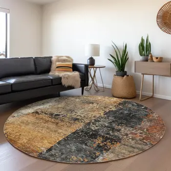 8' Copper And Black Round Abstract Washable Indoor Outdoor Area Rug