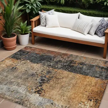 10' X 14' Copper And Black Abstract Washable Indoor Outdoor Area Rug