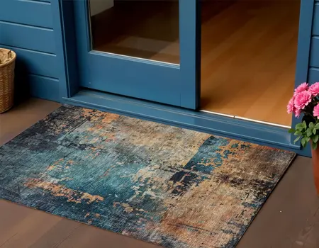 3' X 5' Teal Blue Black And Copper Abstract Washable Indoor Outdoor Area Rug