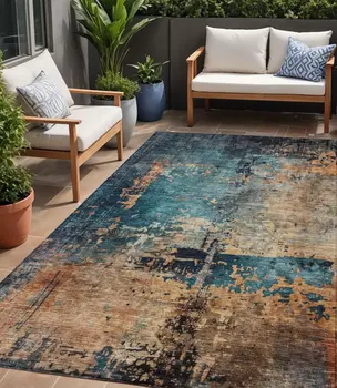 5' X 8' Teal Blue Black And Copper Abstract Washable Indoor Outdoor Area Rug
