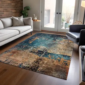 5' X 8' Teal Blue Black And Copper Abstract Washable Indoor Outdoor Area Rug