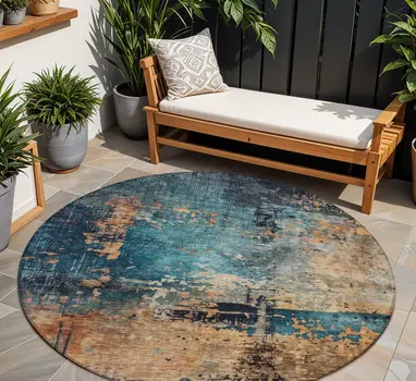 8' Teal Blue Black And Copper Round Abstract Washable Indoor Outdoor Area Rug