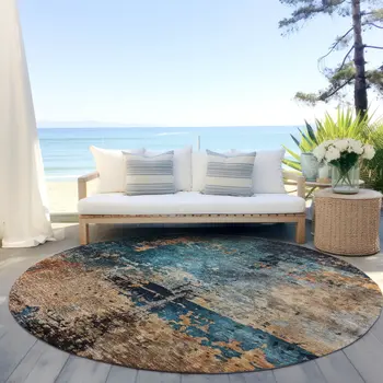 8' Teal Blue Black And Copper Round Abstract Washable Indoor Outdoor Area Rug
