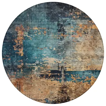 8' Teal Blue Black And Copper Round Abstract Washable Indoor Outdoor Area Rug