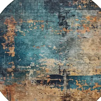 8' Teal Blue Black And Copper Round Abstract Washable Indoor Outdoor Area Rug