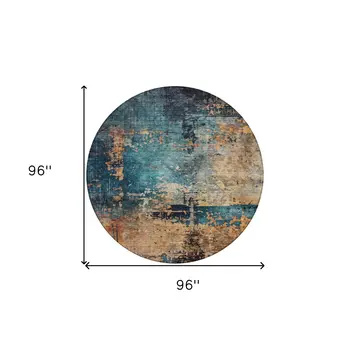 8' Teal Blue Black And Copper Round Abstract Washable Indoor Outdoor Area Rug