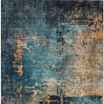 10' X 14' Teal Blue Black And Copper Abstract Washable Indoor Outdoor Area Rug
