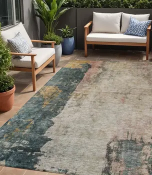 5' X 8' Taupe Blue And Lavender Abstract Washable Indoor Outdoor Area Rug