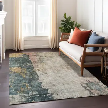 5' X 8' Taupe Blue And Lavender Abstract Washable Indoor Outdoor Area Rug