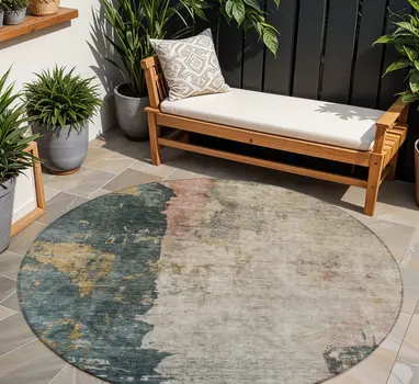 8' Taupe Blue And Lavender Round Abstract Washable Indoor Outdoor Area Rug