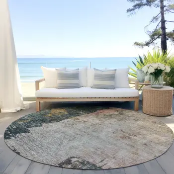 8' Taupe Blue And Lavender Round Abstract Washable Indoor Outdoor Area Rug