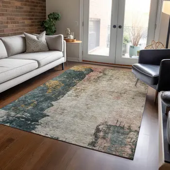 8' X 10' Taupe Blue And Lavender Abstract Washable Indoor Outdoor Area Rug