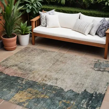 9' X 12' Taupe Blue And Lavender Abstract Washable Indoor Outdoor Area Rug