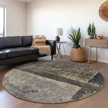 8' Coffee Black And Beige Round Abstract Washable Indoor Outdoor Area Rug