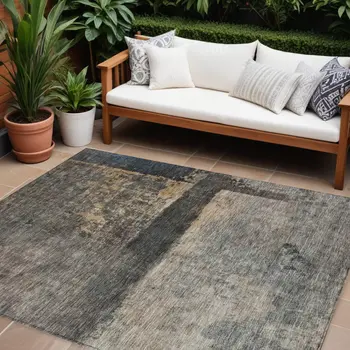 9' X 12' Coffee Black And Beige Abstract Washable Indoor Outdoor Area Rug