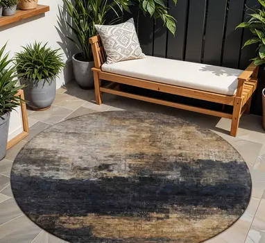 8' Charcoal Tan And Beige Round Abstract Washable Indoor Outdoor Area Rug