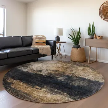 8' Charcoal Tan And Beige Round Abstract Washable Indoor Outdoor Area Rug
