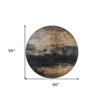 8' Charcoal Tan And Beige Round Abstract Washable Indoor Outdoor Area Rug