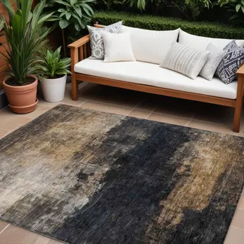 9' X 12' Charcoal Tan And Beige Abstract Washable Indoor Outdoor Area Rug