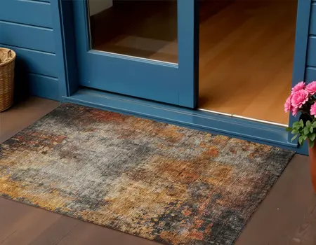 3' X 5' Copper Terra Cotta And Black Abstract Washable Indoor Outdoor Area Rug