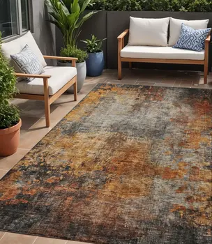 5' X 8' Copper Terra Cotta And Black Abstract Washable Indoor Outdoor Area Rug