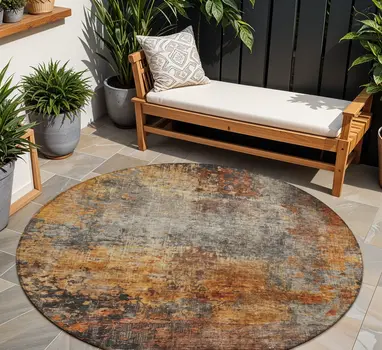 8' Copper Terra Cotta And Black Round Abstract Washable Indoor Outdoor Area Rug