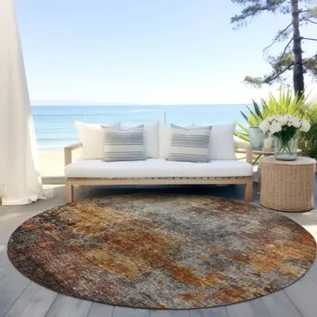 8' Copper Terra Cotta And Black Round Abstract Washable Indoor Outdoor Area Rug